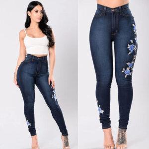 Women's High-Waist Embroidered Slim Stretch Jeans – Stylish Denim for a Fashion-Forward Look