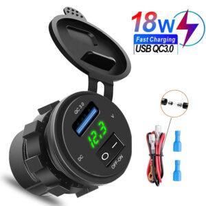 KEBIDU 18W QC 3.0 Phone Charger – Digital Display, USB Socket with ON/OFF Switch for Motorcycle