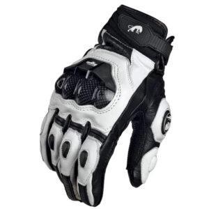 Black/White Leather Motorcycle Gloves – Racing Protection with Knuckle Padding