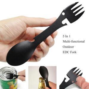 Outdoor Survival Tools 5-in-1 Camping Multi-Functional EDC Kit – Practical Fork, Knife, Spoon, Bottle & Can Opener