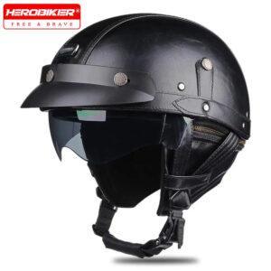 Retro German Style Leather Motorcycle Half Helmet – Vintage Open Face Biker Helmet DOT Certified