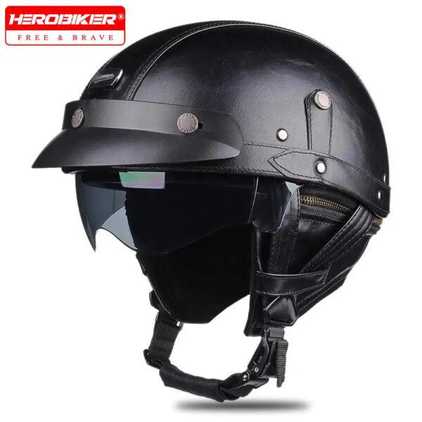 Retro German Style Leather Motorcycle Half Helmet – Vintage Open Face Biker Helmet DOT Certified